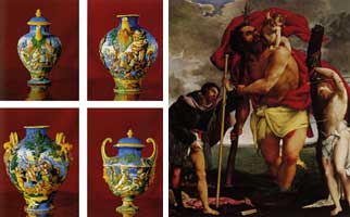 Alcuni esemplari di ceramiche lauretane e tela del Lotto - San Cristoforo tra i Santi Sebastiano e Rocco